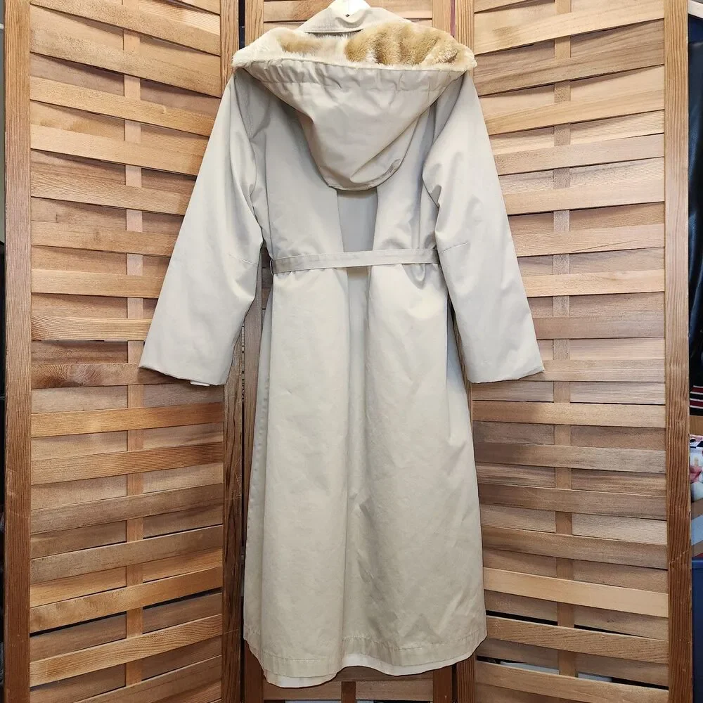 Vintage AstorOne Tan Trench Coat Removable Fleece Liner Hood Winter Women 14